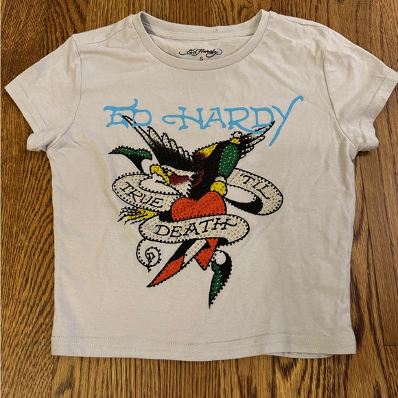 Ed Hardy cropped white tee - rhinestones - true till death - size small - Picture 2 of 4